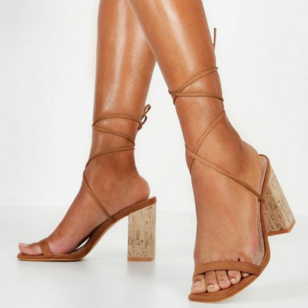 Cork Heel Wrap Strap Sandals
